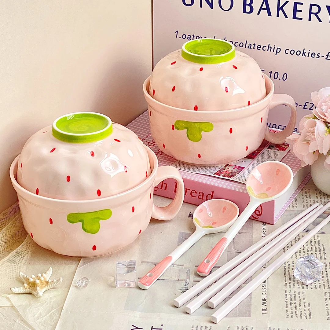 奶油风泡面碗带盖高颜值个人专用方便面碗陶瓷学生打饭碗筷套装pv