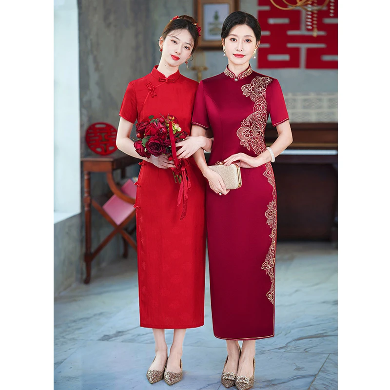 高端醋酸手推绣喜婆婆婚宴礼服改良长款旗袍中国风连衣裙年轻洋气