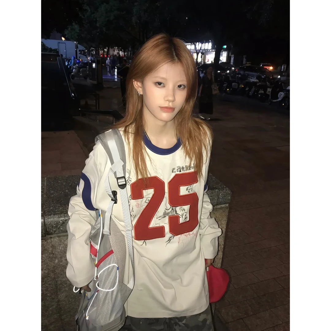 美式高街撞色涂鸦刺绣长袖t恤女秋季新款宽松设计感小众情侣上衣