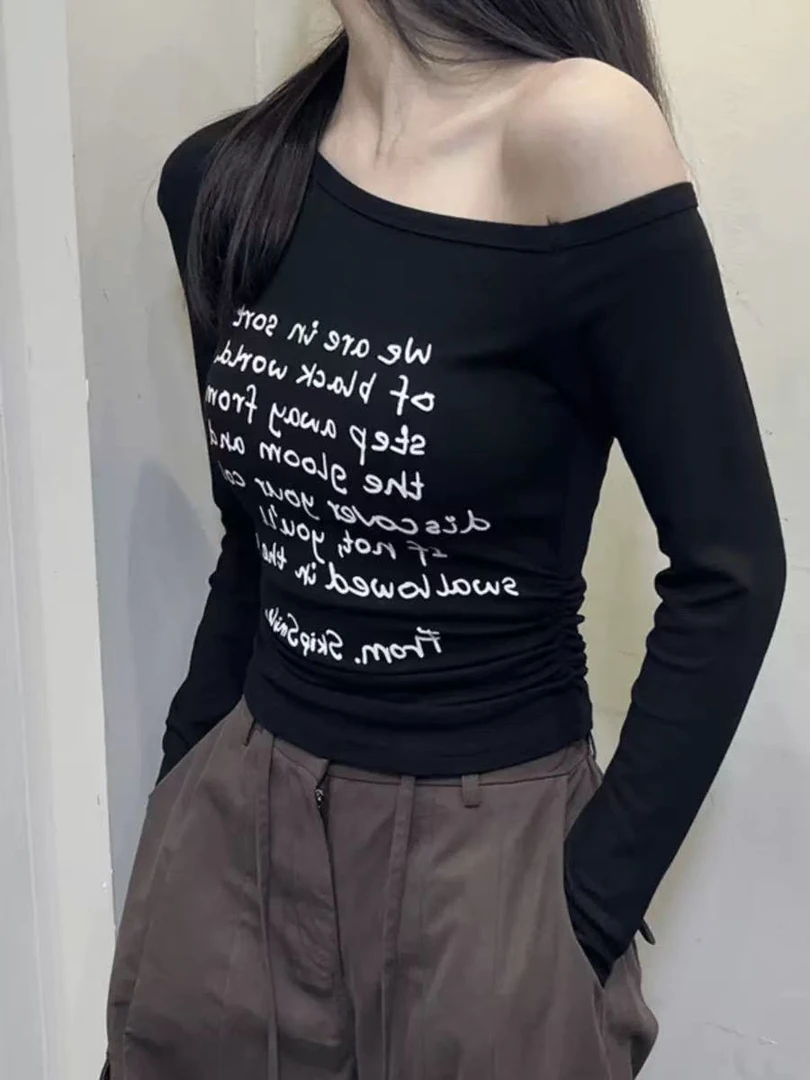 长袖甜酷辣妹风印花吸汗数字T恤紧身设计感黑色时尚