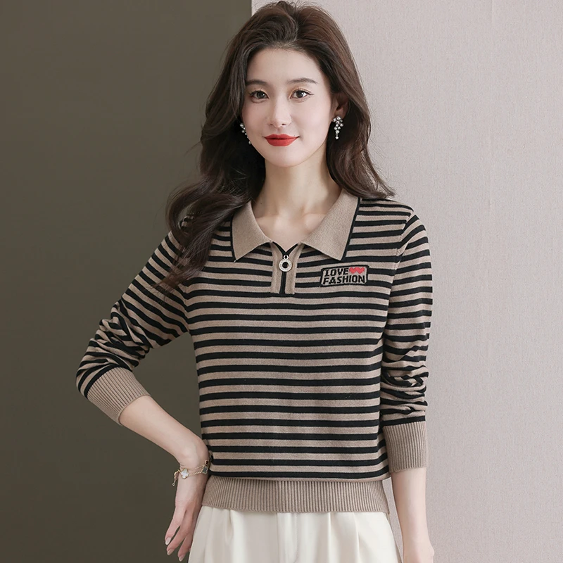 2025早秋新款亲薄透气条纹翻领针织衫时尚减龄上衣2391