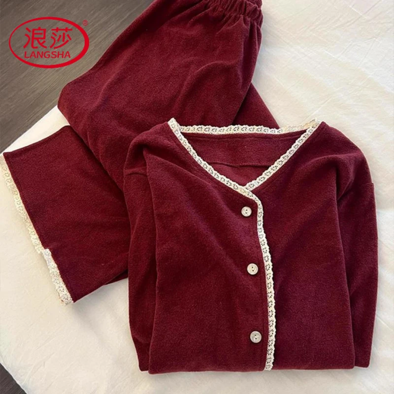 浪莎双面磨毛徳绒睡衣女秋冬季长袖长裤保暖韩版甜美家居服两件套