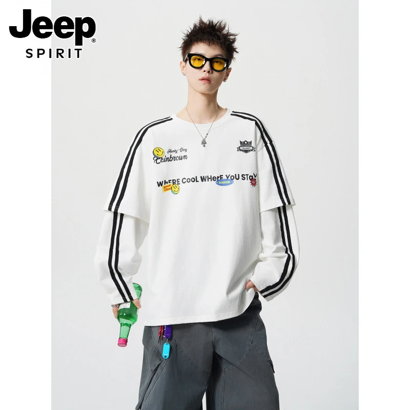 JEEPSPIRIT美式假两件长袖T恤男秋宽松慵懒运动卫衣休闲情侣球衣