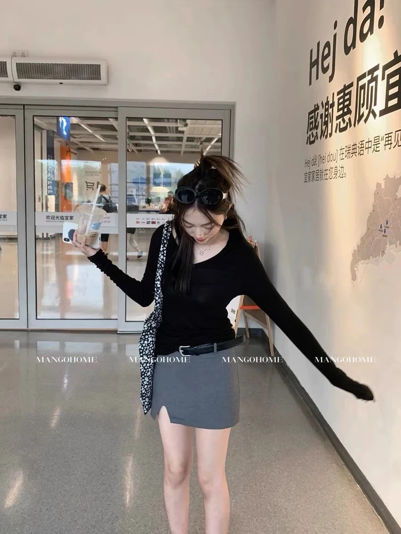 1370/灰色开叉短裙