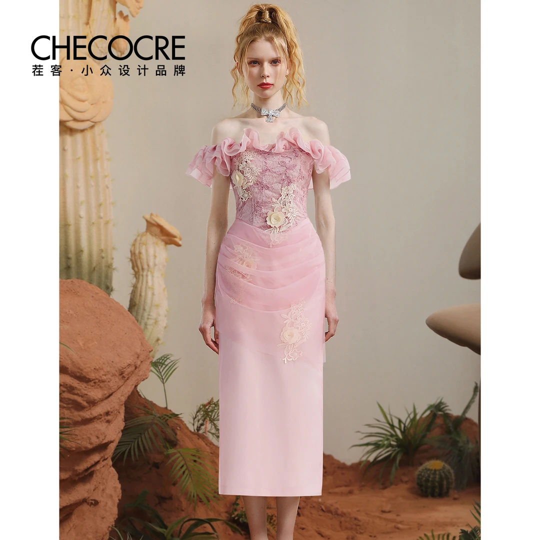 茬客荷叶一字肩浪漫复古连衣裙温柔甜美收腰礼服裙CM490668