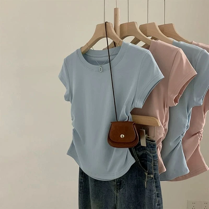 2025年新款多色圆领纯色修身T恤夏季时尚休闲显瘦短款上衣