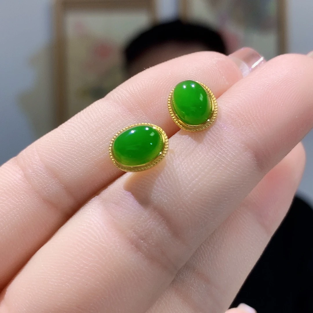 和田玉（碧玉）银S925镀金镶嵌耳饰