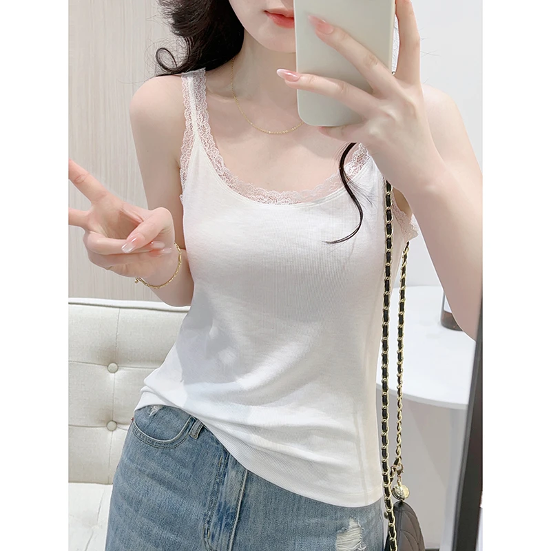 简衣 纯色U领蕾丝花边设计感吊带背心女夏季百搭打底短款修身无袖
