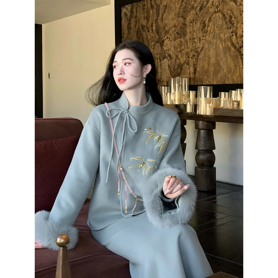 凌茜恣禾【岚竹】国风新中式双面呢套装刺绣加厚外套秋冬高腰半身裙