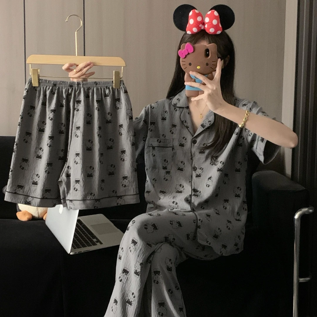 【好多猫】夏天深灰卡通短袖云朵绵睡衣少女三件套凯蒂猫套装家居服