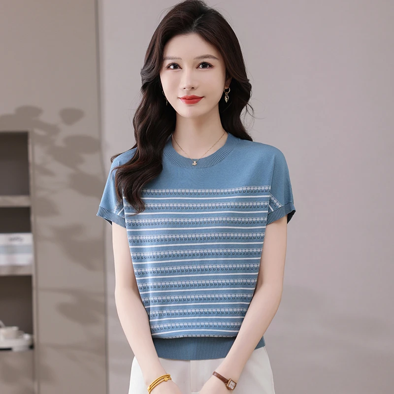夏季短袖女短款大码条纹气质显瘦T恤冰丝薄款百搭半袖宽松上衣