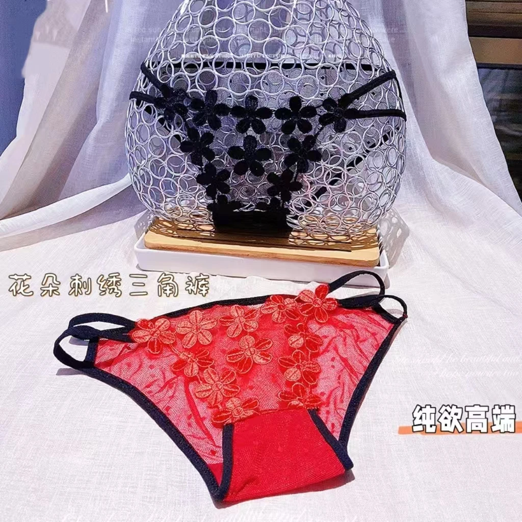 新品刺绣少女网纱性感内裤女波点透气花朵三角裤低腰三角裤纯欲