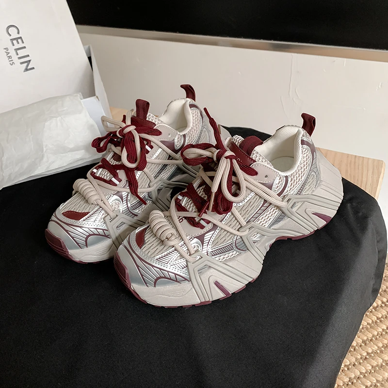 香港明星同款巴黎厚底增高老爹鞋女真皮2025秋新款透气运动休闲鞋