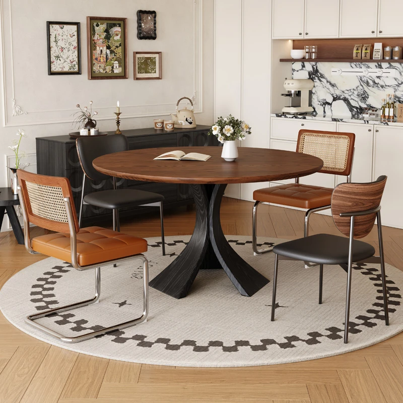 中古风白蜡木实木餐桌胡桃色家用小户型意式轻奢窈窕圆形岩板餐桌