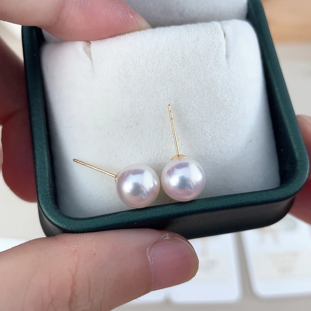 18K金镶嵌海水珍珠耳饰8.5-9素钉