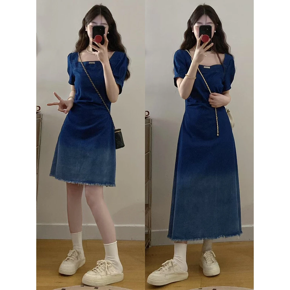 【小曹大码】新款设计感收腰短袖渐变牛仔连衣裙-QXDM1892