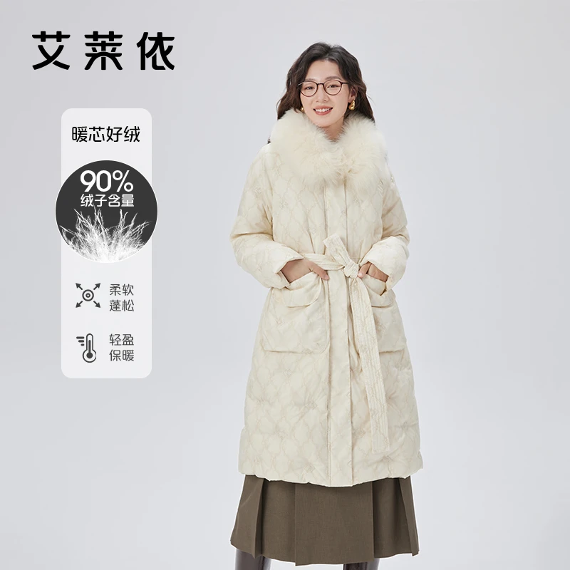 艾莱依时装羽绒服精巧刺绣大毛领女新款蓬松柔软秋冬保暖外套1314