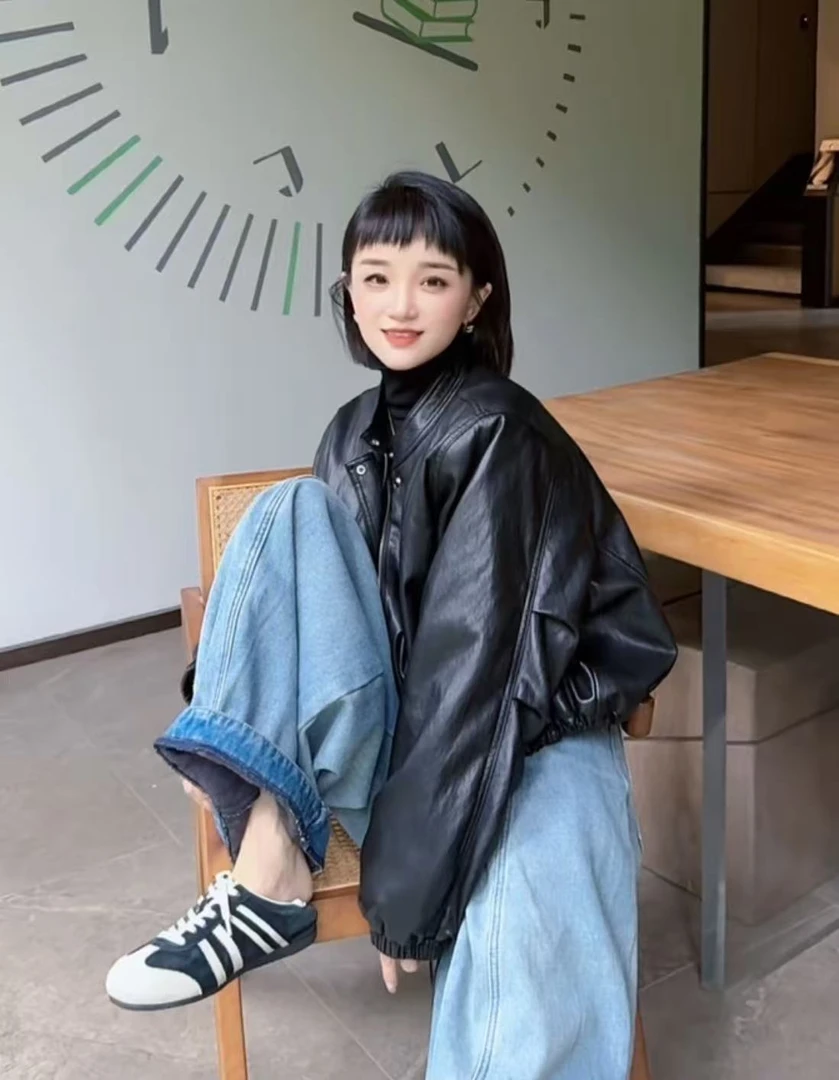 【彩丽家】秋季常规款口袋标准立领长袖皮衣百搭秋冬洋气短款加绒2