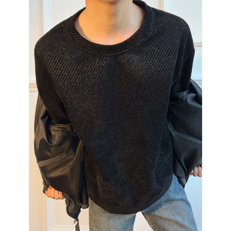 满天星圆领T恤男款秋冬季加绒内搭长袖打底衫美式重磅斑马纹卫衣