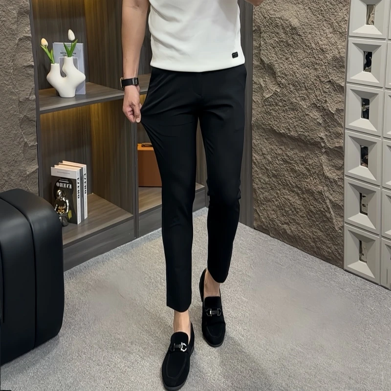 男士薄款弹力九分裤休闲裤锦纶西裤男裤商务休闲小脚裤高级感男装
