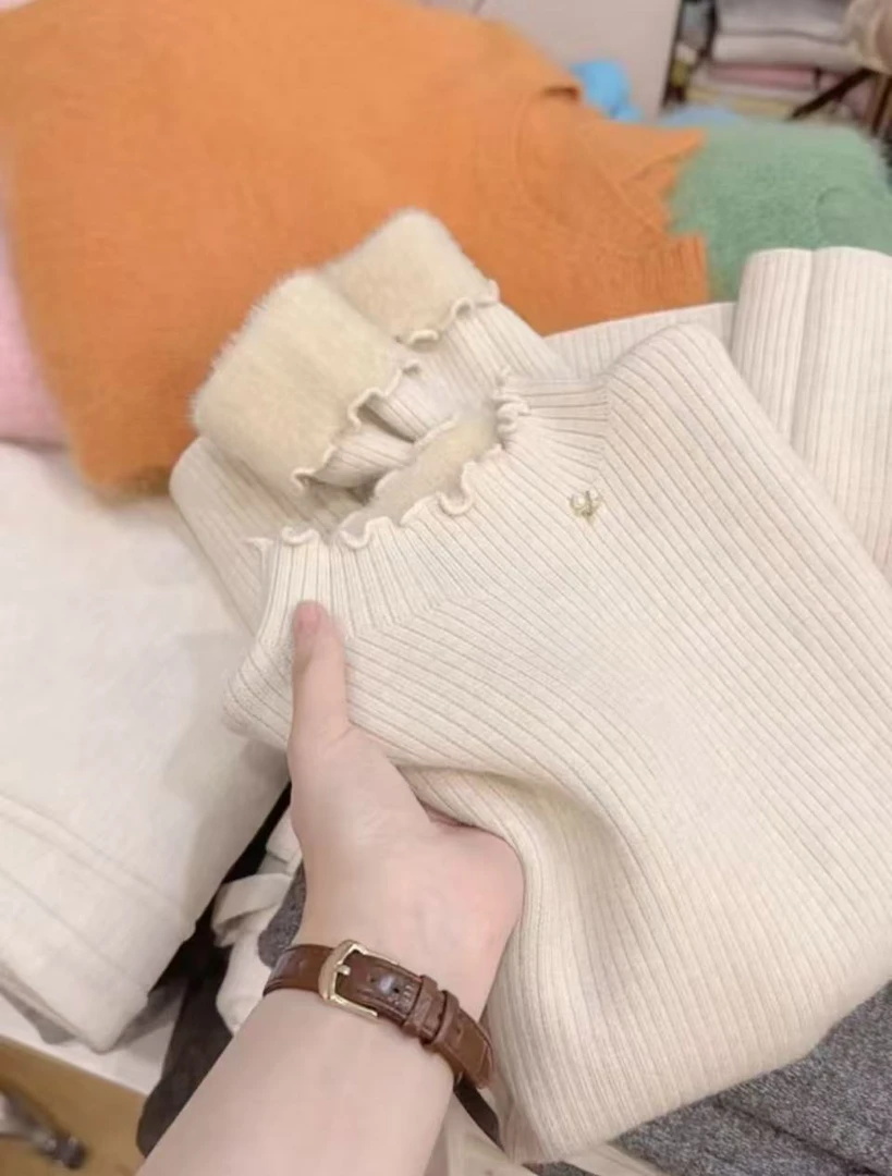 七言家！#燕麦米水貂一体绒木耳边保暖针织打底@