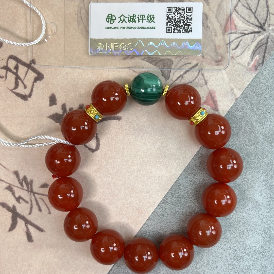 原矿南红 卡14 圆珠 带孔雀石佛头 手串 YZ0462［燕赵造物司］