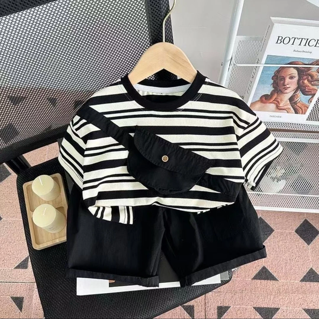 纯棉透气童T恤套装儿童运动洋气洋气休闲条纹帅气韩版夏季男孩