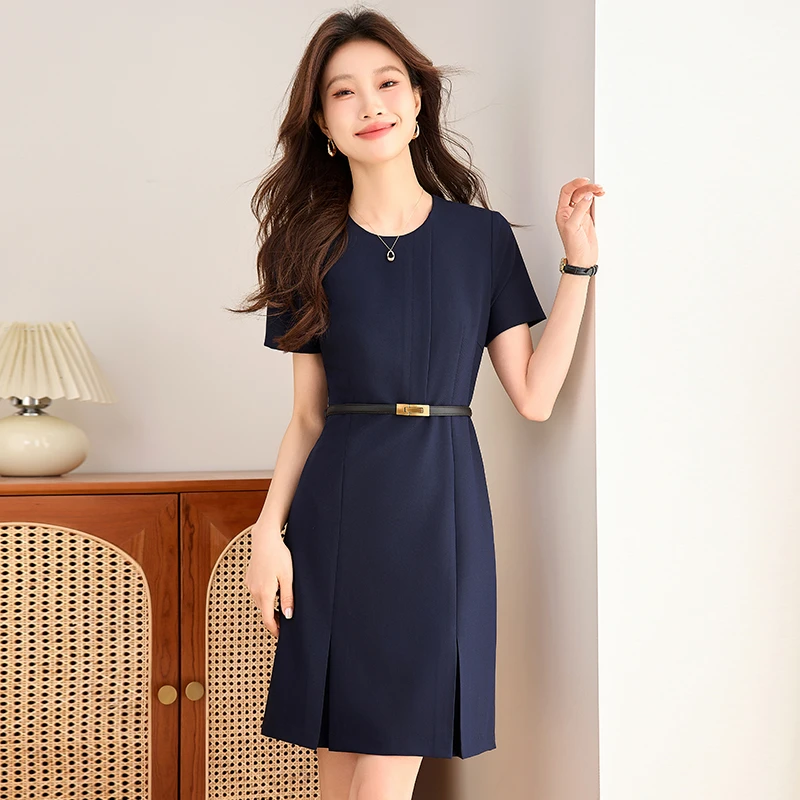 藏青色短袖连衣裙女2025夏季新款薄款高端售楼部工作服西装外套女