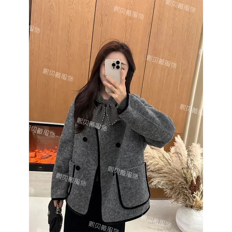 熙贝薇5 羊毛羊驼毛小香风冬季新款圆领简约双排扣毛呢外套 G5512