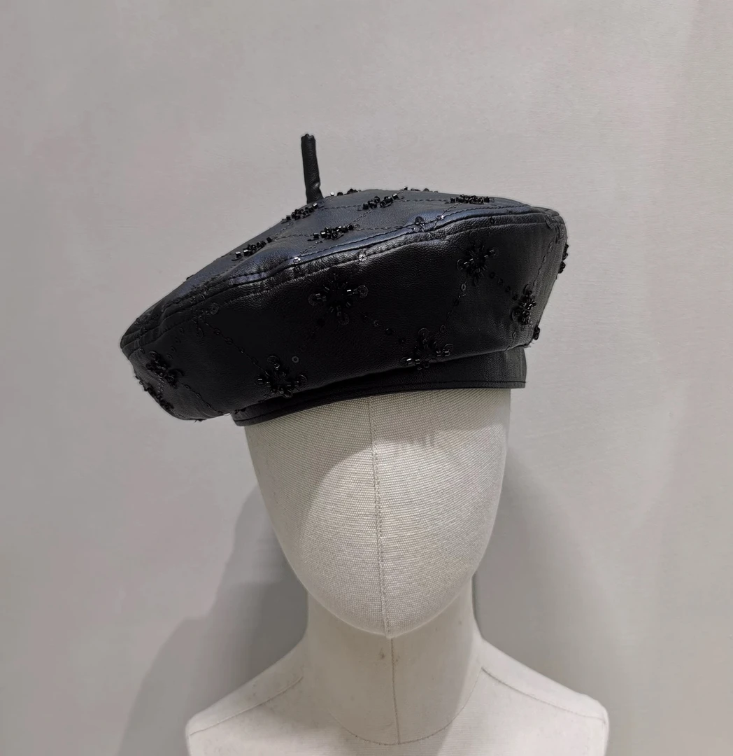 2025秋季新款PU高端格纹亮片气质贝雷帽女时尚街头画家帽