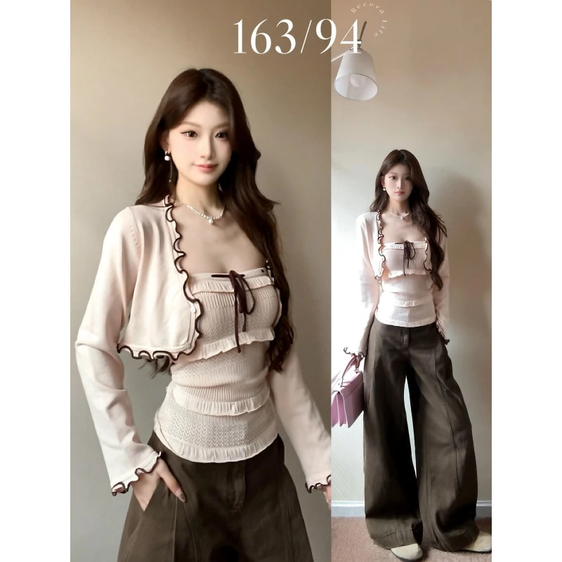 MARIE.COCO纯欲辣妹风秋季新款木耳边针织开衫系带抹胸背心阔腿裤