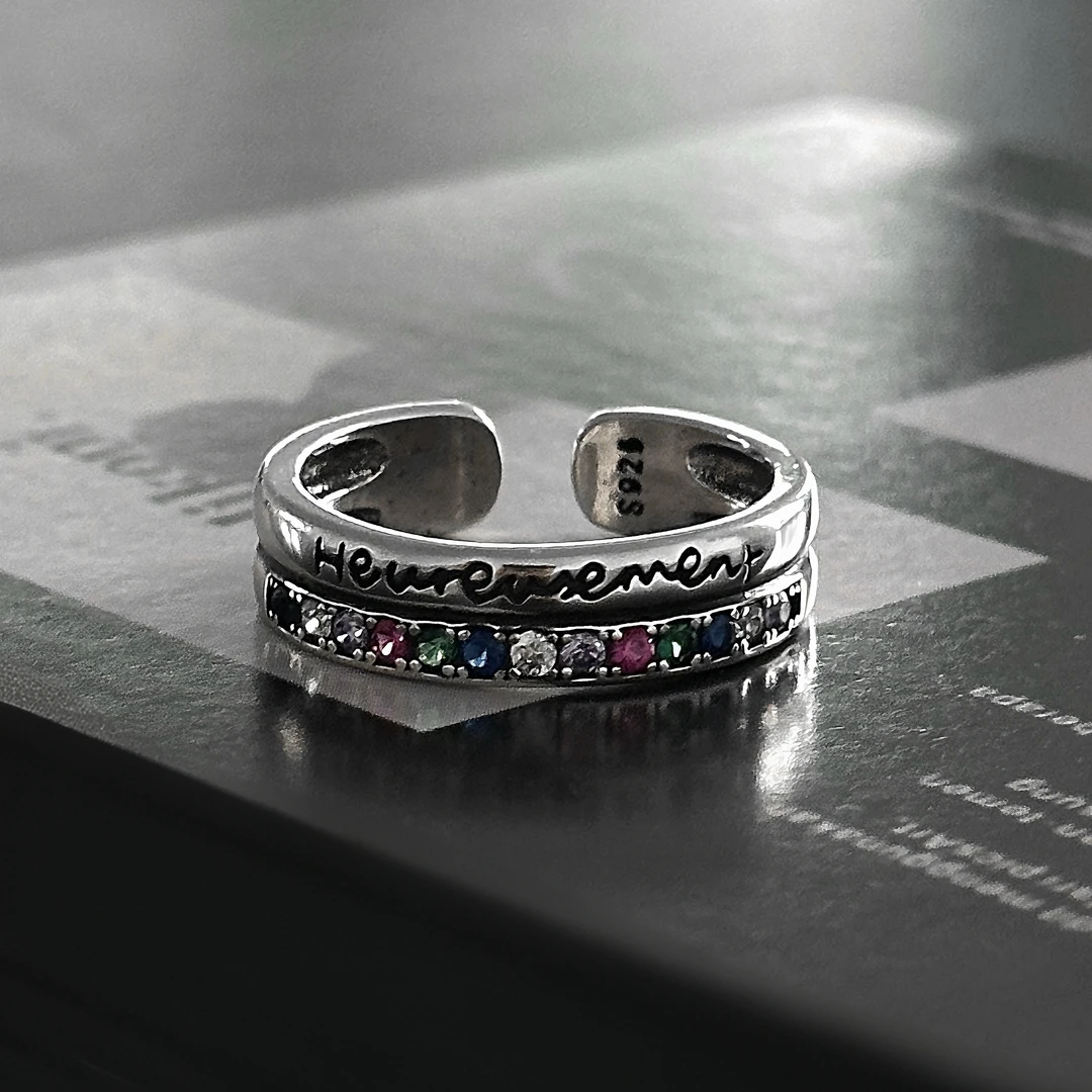 合金戒指 彩钻字母双层戒指复古ins风法语幸运指环开口食指戒