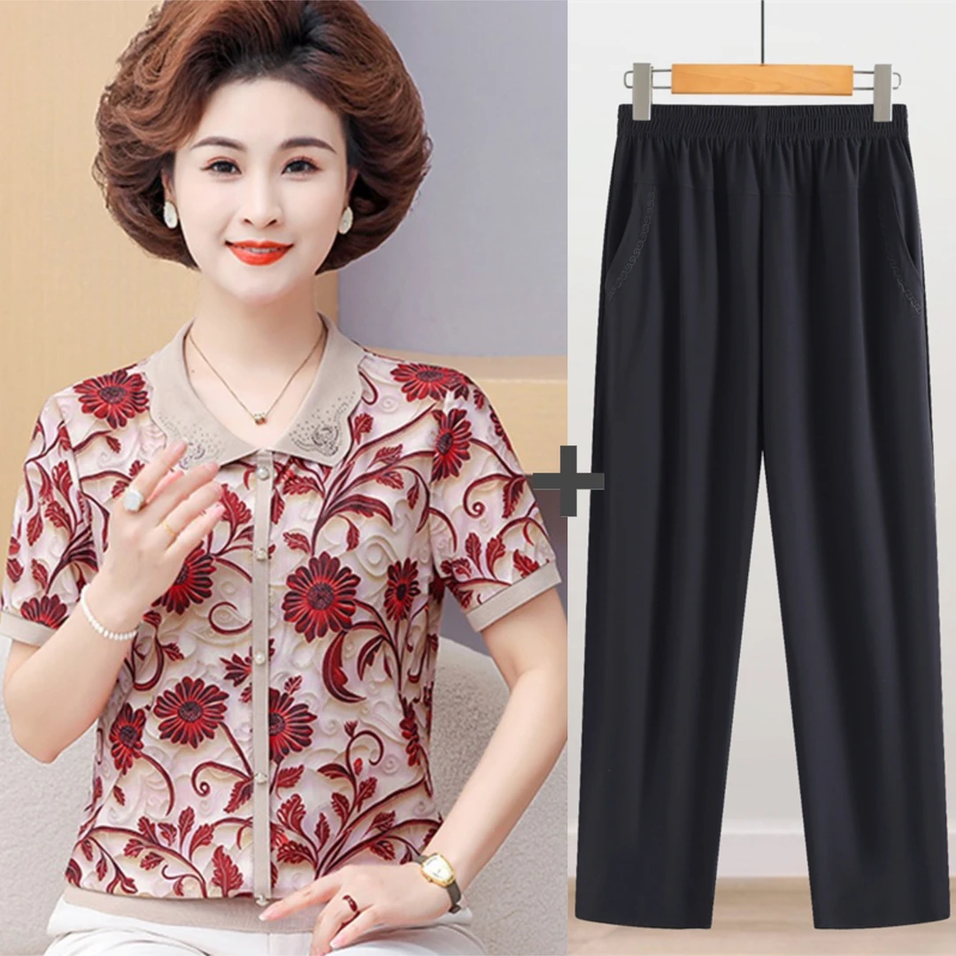 妈妈夏季翻领新款短袖T恤中老年女装时尚洋气套装中年女冰丝小衫