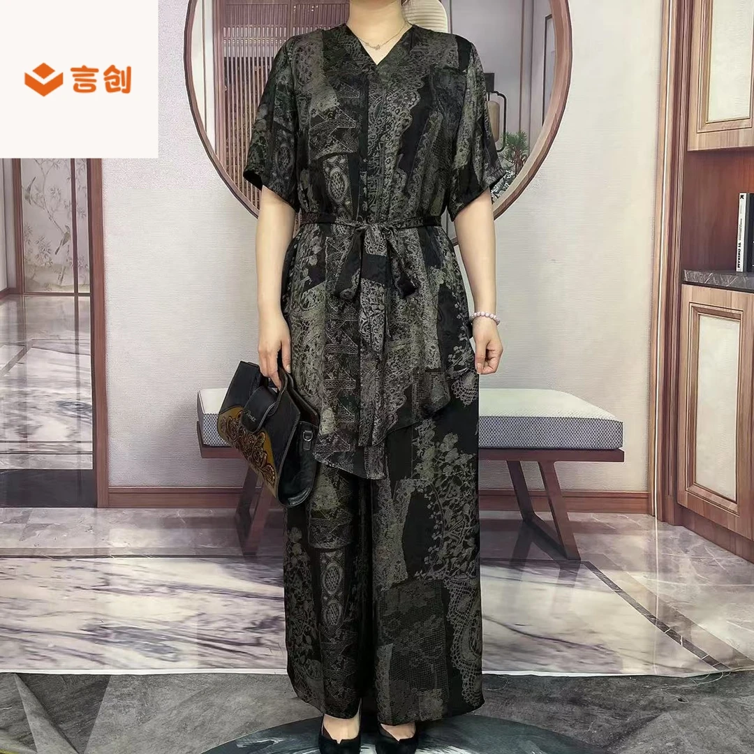 415短袖V领不规则高品质气质显瘦上衣九分裤阔腿裤带腰带时尚套装