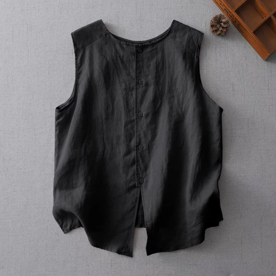 复古棉麻两面穿衬衫女夏季设计感坎肩无袖背心上衣薄宽松纯色衬衣