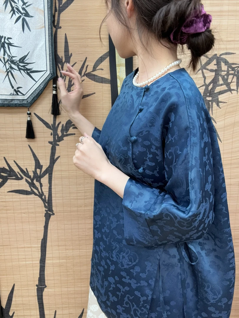 宋墨100桑蚕丝五福扣草染香云纱毛衫简约飘带款上衣蓝色小龙凤