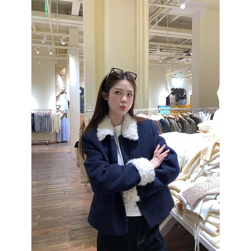 气质撞色设计感羊羔毛翻领夹棉加厚保暖短款毛呢外套长袖上衣