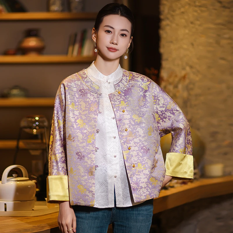 【金鱼彩蝶】紫色高级新中式外套女2025秋款百搭高端宋锦提花上衣