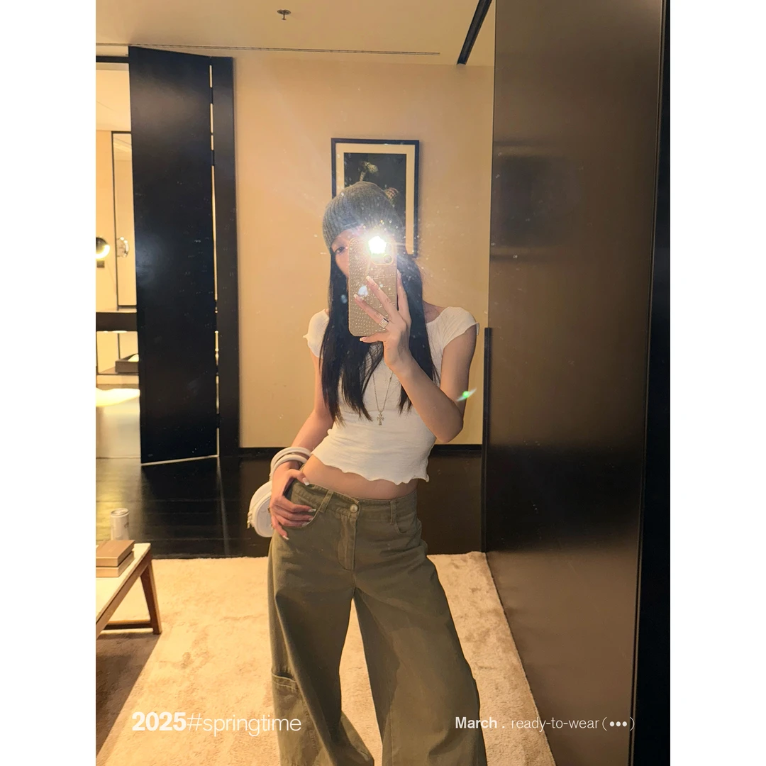 SUNONEONE 一字肩木耳边短款T恤女秋季韩版修身短袖上衣H0931T