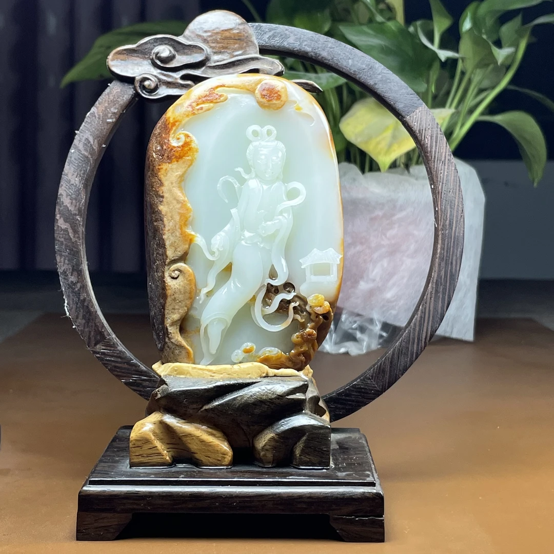 新疆和田玉独籽观音摆件 金包玉手把件白玉送证书底座