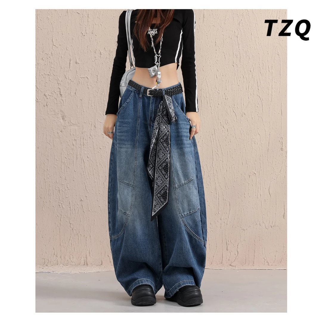 美式复古宽松慵懒松弛感牛仔裤女爆款2025秋季百搭时髦拖地弯刀裤