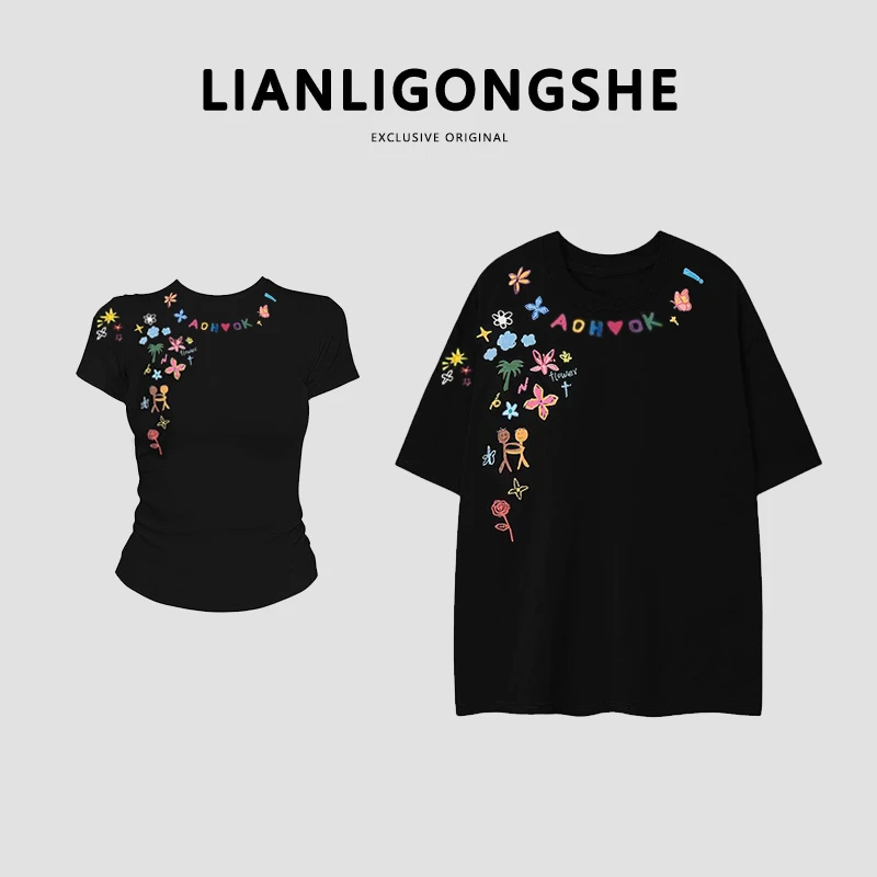 柏森纪 情侣装夏天款短袖t恤2025新款卡通涂鸦印花设计感休闲上衣