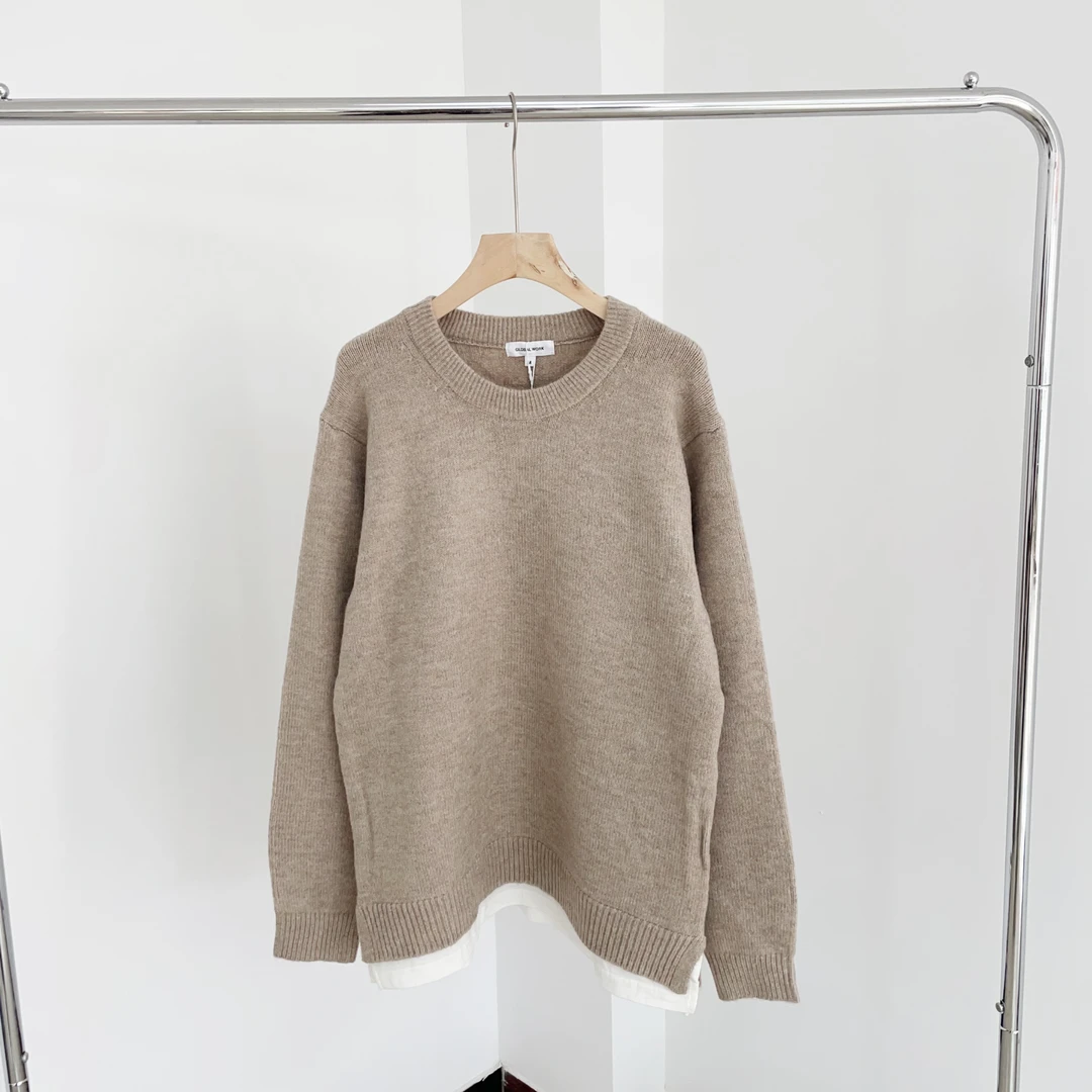 L111 卡其色假两件圆领休闲针织毛衣