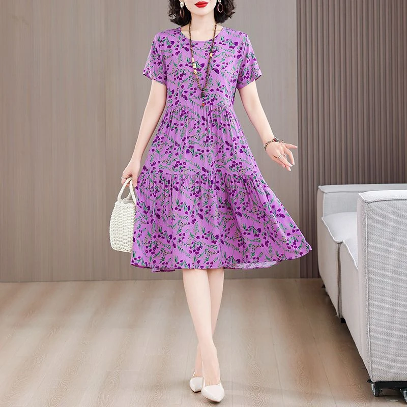 夏季新款棉绸连衣裙中老年洋气妈妈夏装收腰显瘦短袖气质减龄裙子