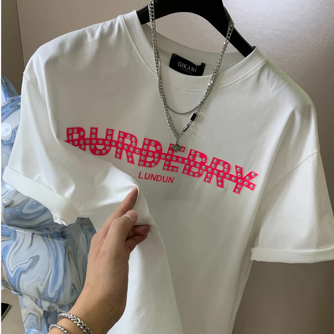 欧洲站2025春季新款时尚字母软皮拼接短袖宽松休闲T恤男设计潮