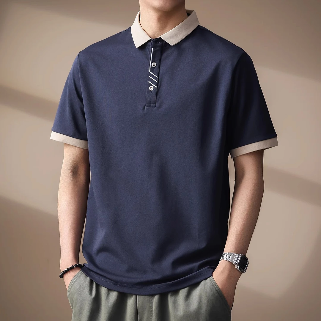 高端轻奢桑蚕丝拼色短袖Polo衫男夏季潮牌宽松休闲商务翻领半袖衫