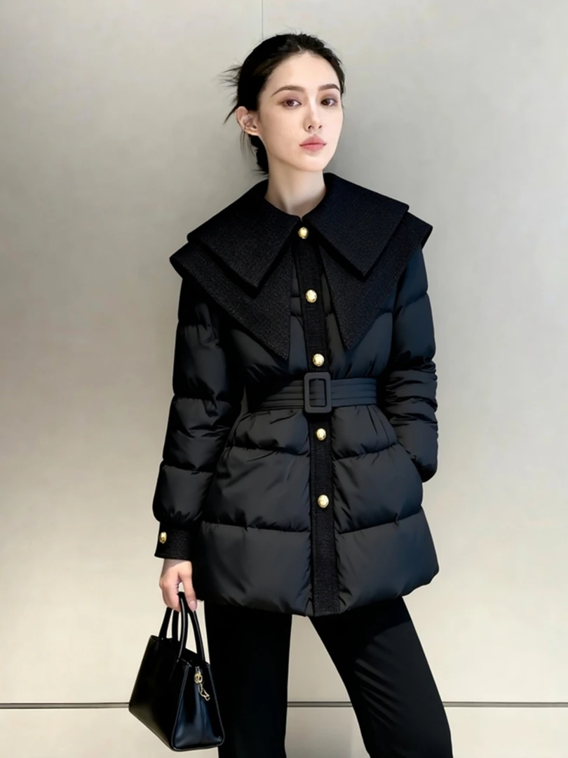 小香风黑色翻领收腰棉服女款冬季2025新款独特漂亮巨好看棉衣外套