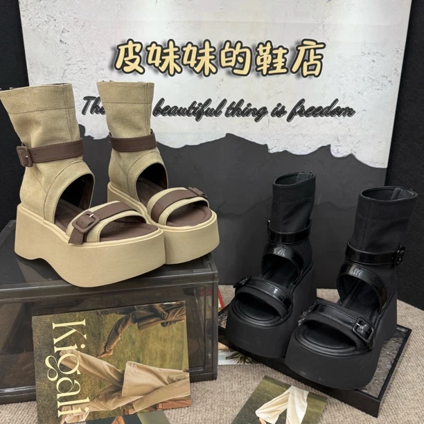 【皮妹妹】夏季新款布面厚底增高套趾凉鞋女时尚百搭沙滩凉短靴源