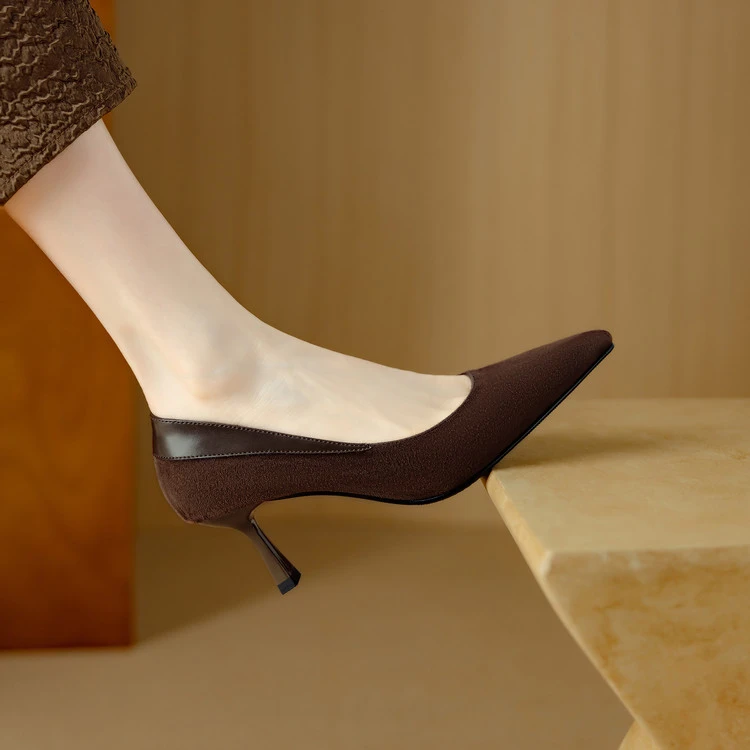 浅口法式单鞋女2025新款春秋纯色磨砂高跟鞋真皮细跟一脚蹬工作鞋