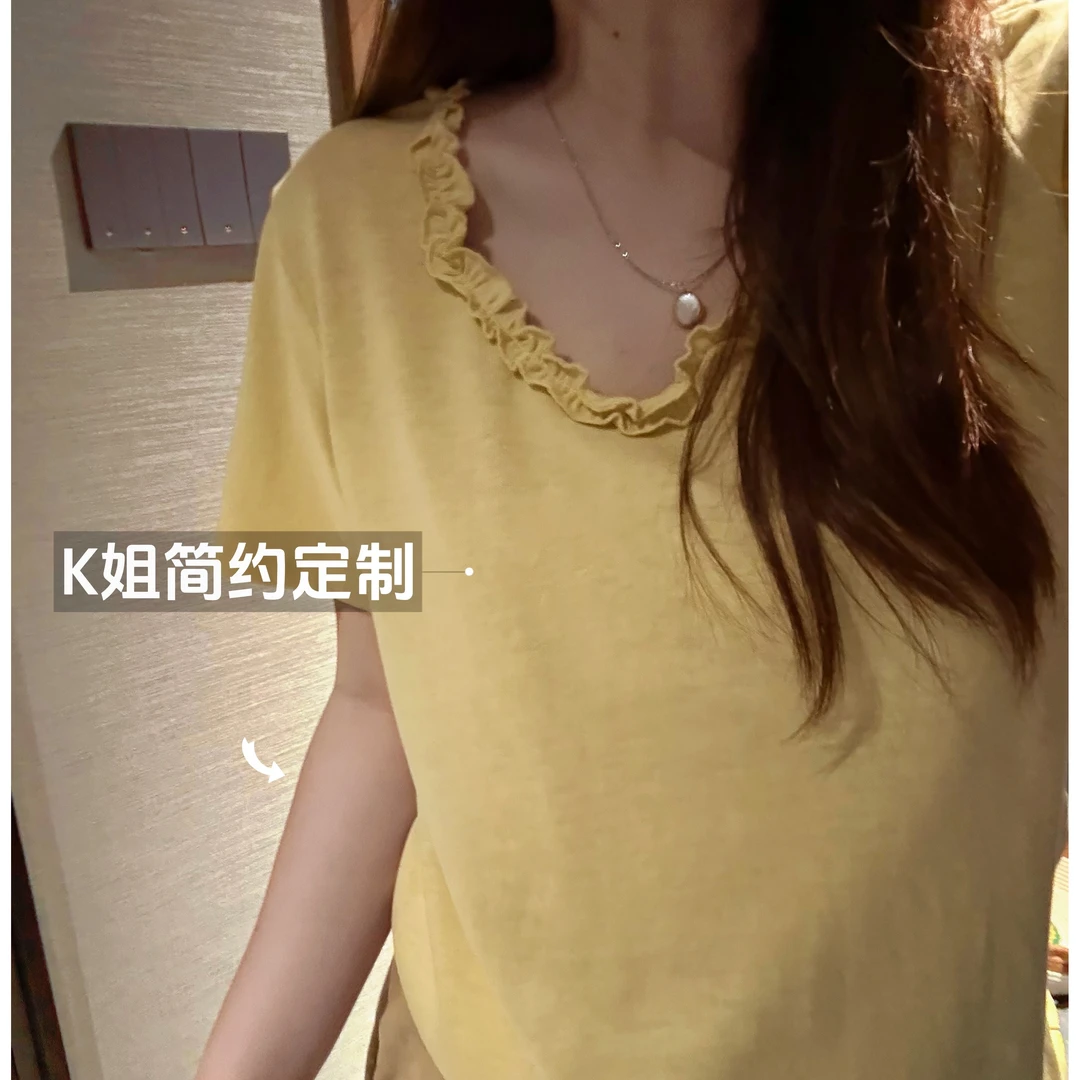 GTNER"KK定制"领口花边设计感上衣夏季薄款宽松U领短袖T恤D1940